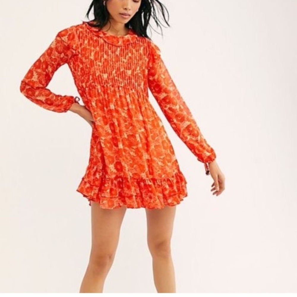 Free People Greatest Day Mini Dress Red Floral Smocked Long Sleeve Large